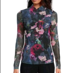 Ted Baker London Kalyann Floral Print Mesh Knit Mock Neck Long Sleeve Top Size 1